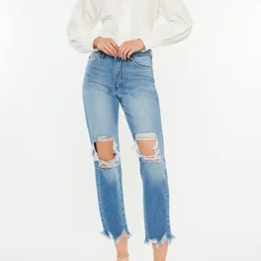 Kancan Distressed Frayed Hem Cropped Jeans